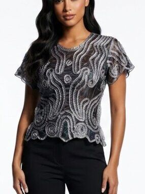 Hugging Kisses Y2K Shibori Popcorn Top Grey Black Abstract Print Medium
